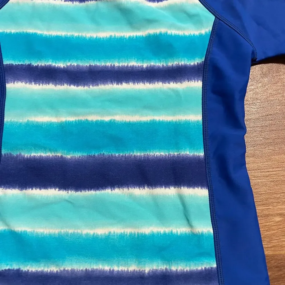Lands End Blue Teal Girls Short Sleeve Rash Guard Size 4/Small Striped